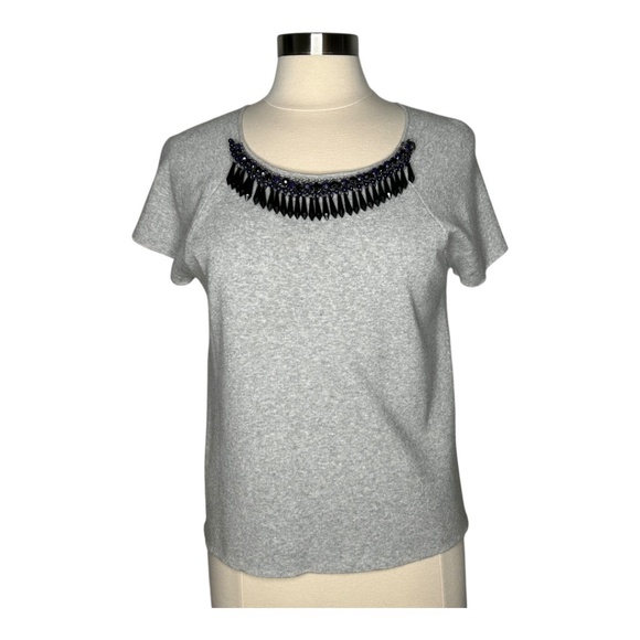 Milly Grey Knit Top Short Sleeve Embellished Black Blue Beads Size Large - Picture 2 of 11